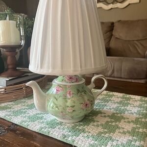 Floral Teapot Lamp with White Shade